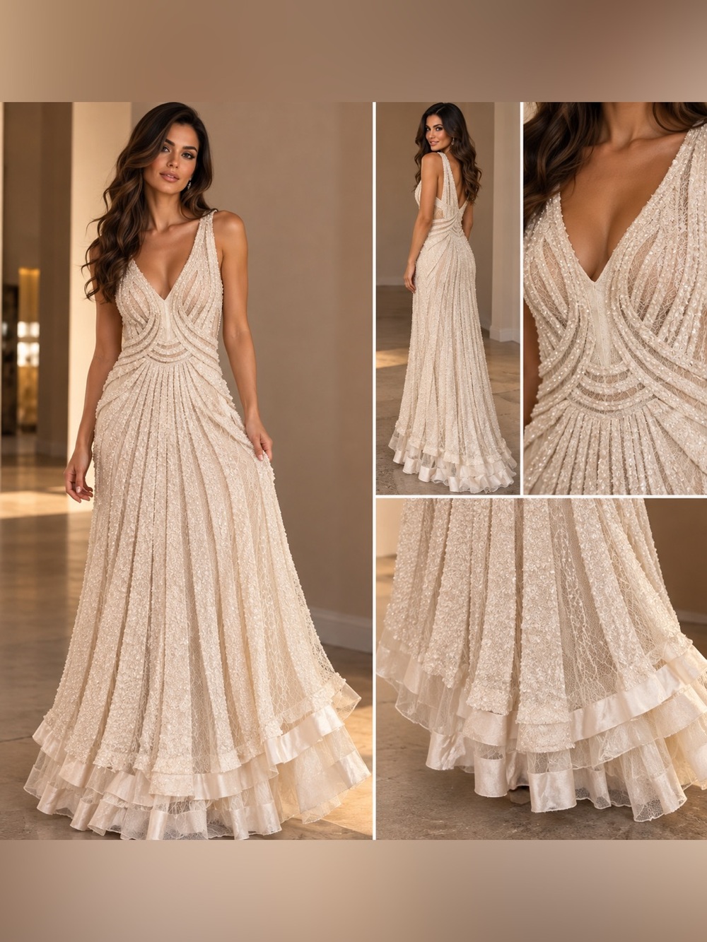 Elegant Beaded V-Neck Women’s Dress - Cream
